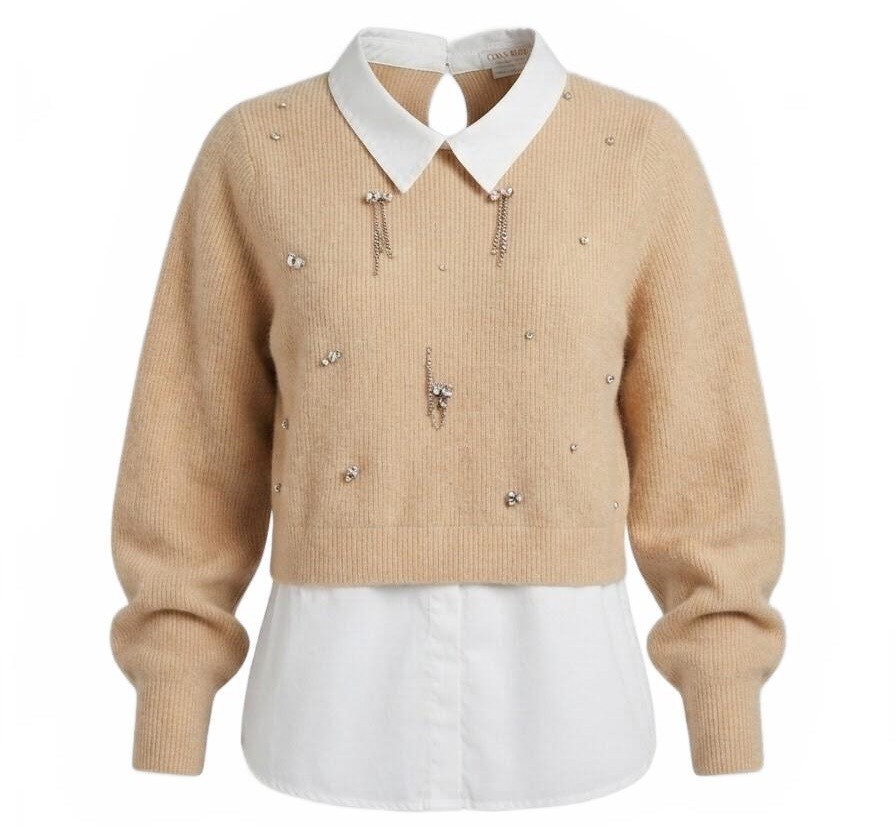 Cocobleu New York Womens XL Layered Look Sweater Rhinestone Embellished Tan