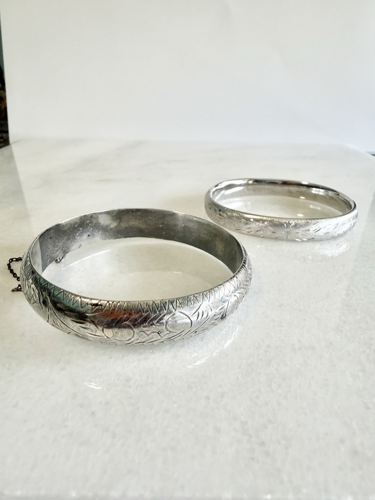 Lot of 2 Vintage Engraved 925 Sterling Silver Bracelet Bangles Over 1 g.