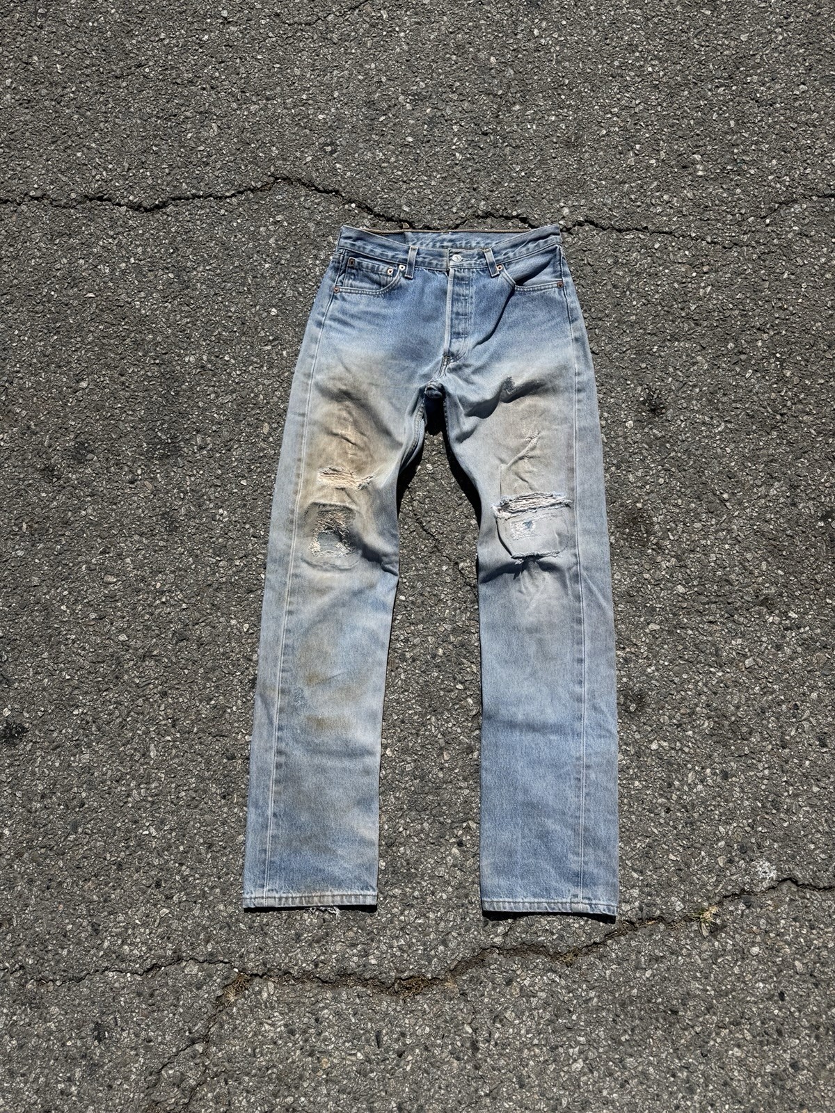 VTG 90s Levi’s 501 Distressed Thrashed Jeans MADE IN USA Tagged 30x34 NATURAL 