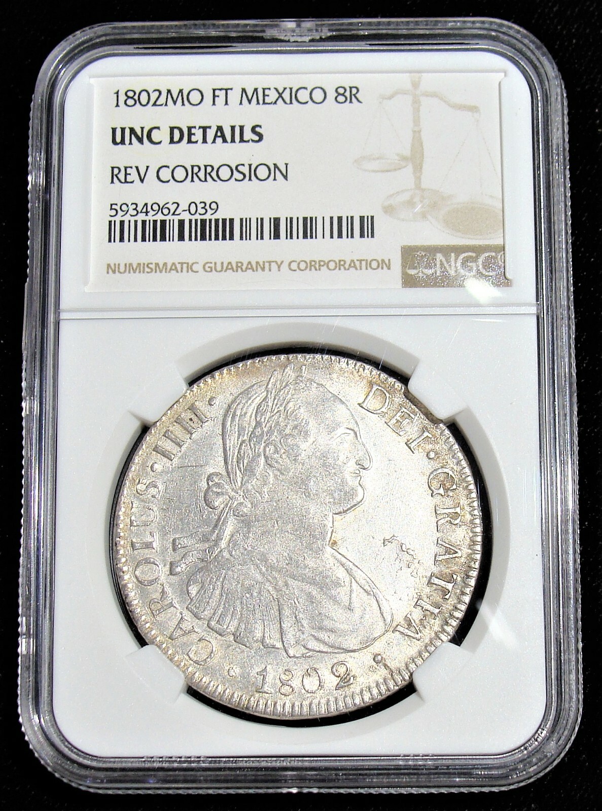 Mexico: Charles IV 8 Reales 1802 Mo-FT UNC Details (Reverse Corrosion) NGC. Mexico: Charles IV 8 Reales 1802 Mo-FT UNC Details (Reverse Corrosion) NGC.