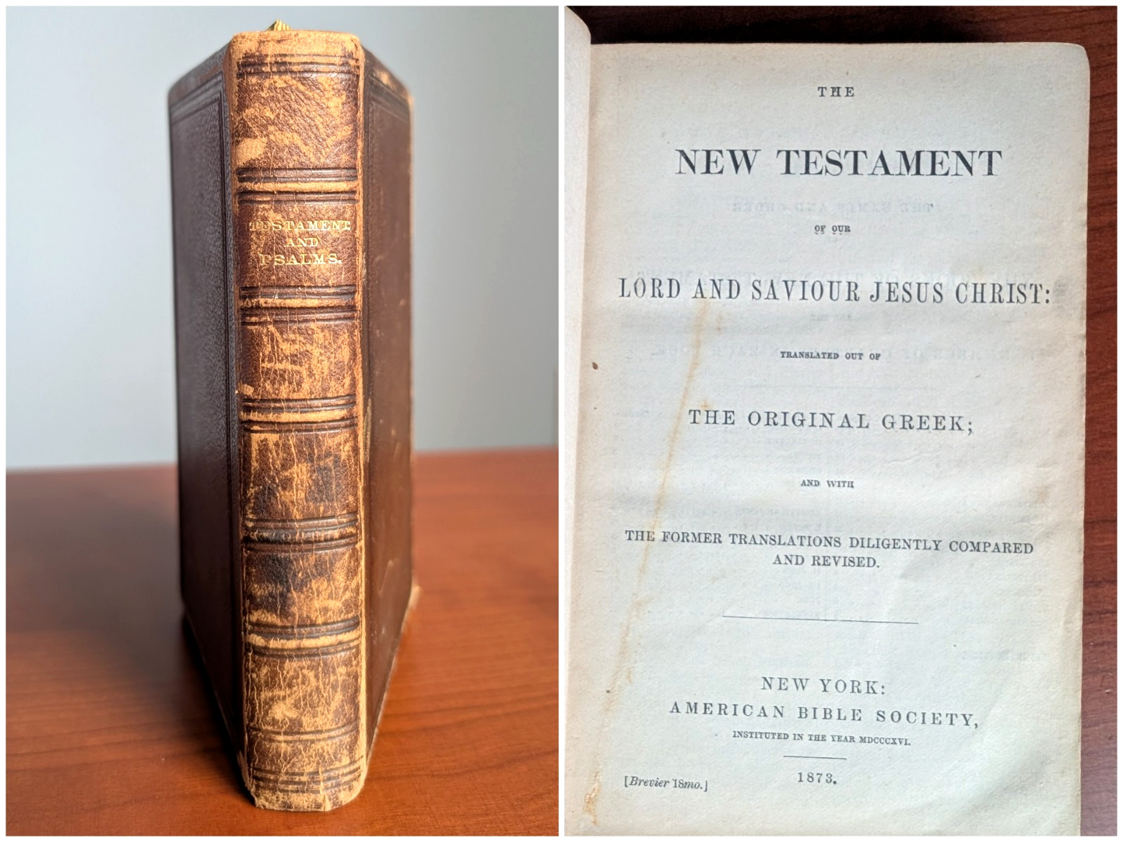 1873 New Testament & Psalms American Bible Society Antique Leather Bible