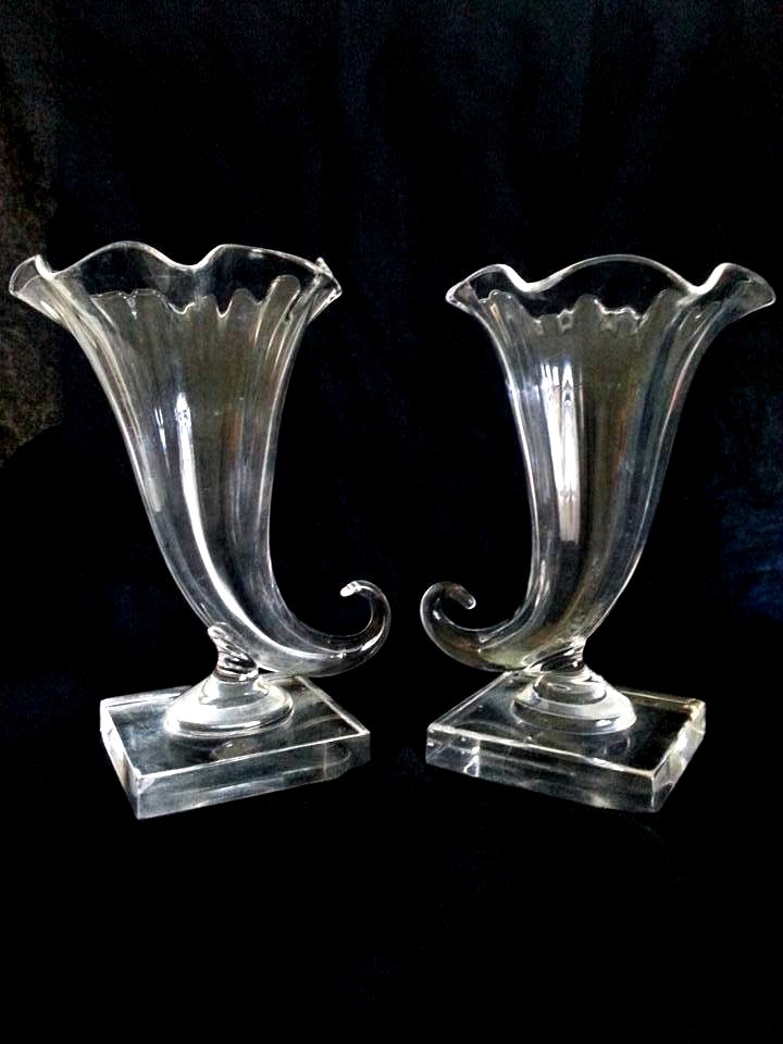 Pair Vintage Steuben Crystal Cornucopia Vases 6\