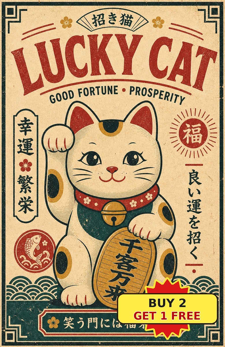 Japanese Maneki Neko Lucky Cat Tin Sign Retro Feng Shui Metal Plaque 8x12