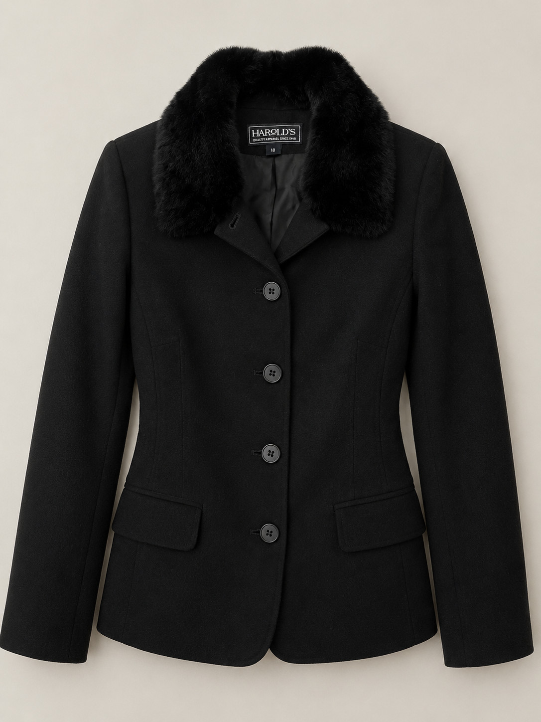 Vintage Harold\'s Black Wool Jacket Genuine Rabbit Fur Collar USA Size 10