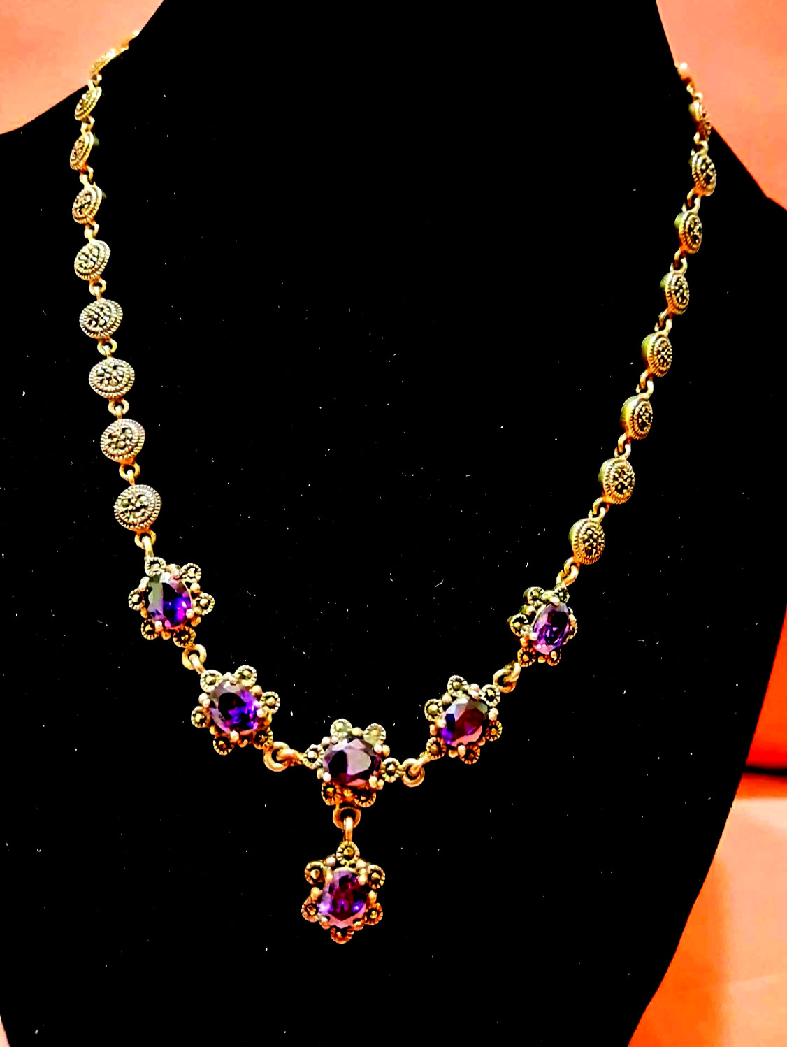 STERLING SILVER, AMETHYST STONES & MARCASITES RARE 1930\'s NECKLACE BEAUTIFUL 