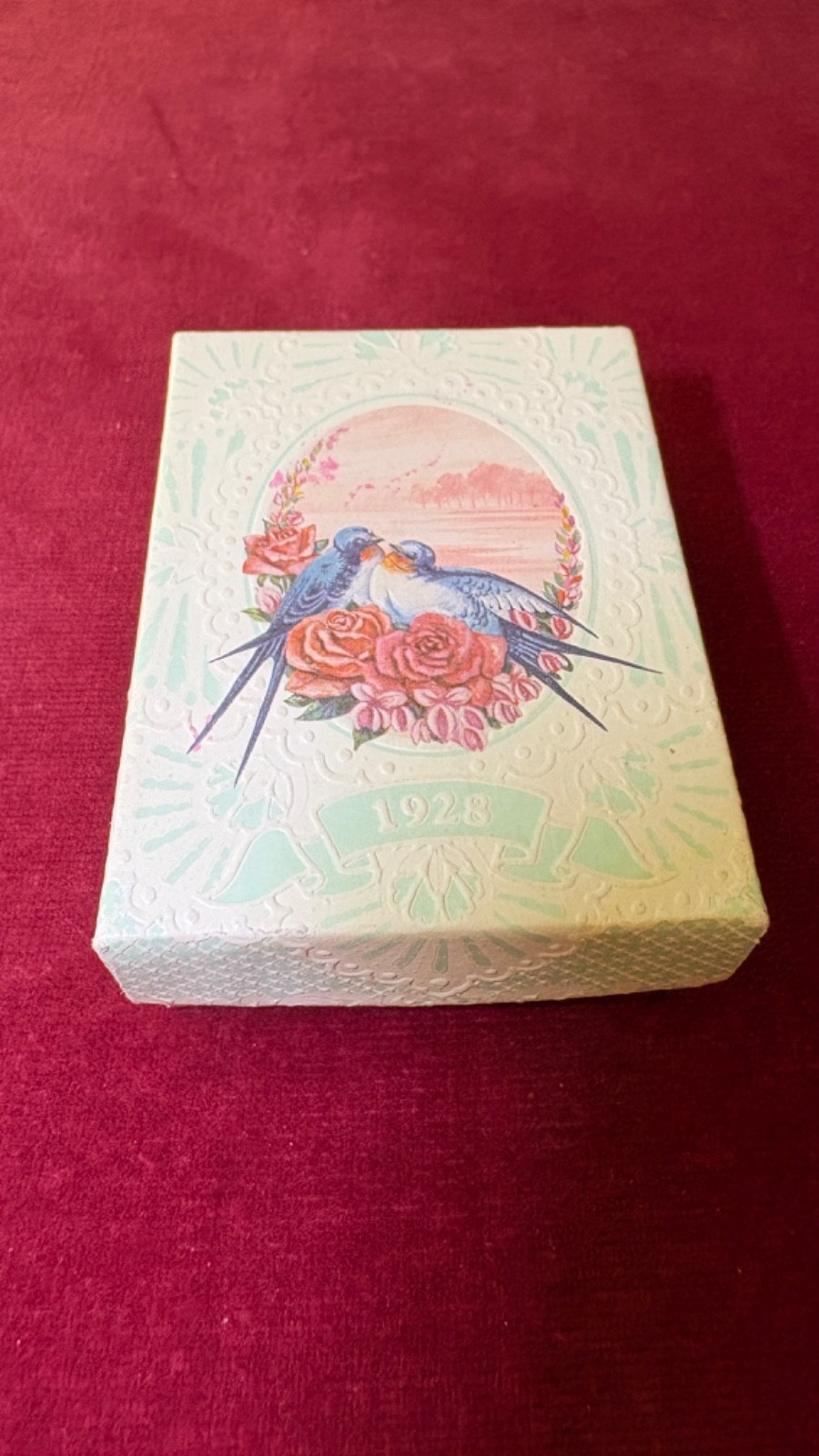 Vintage 1928 Jewelry Company Embossed Gift Box Swallows Roses Romantic Design