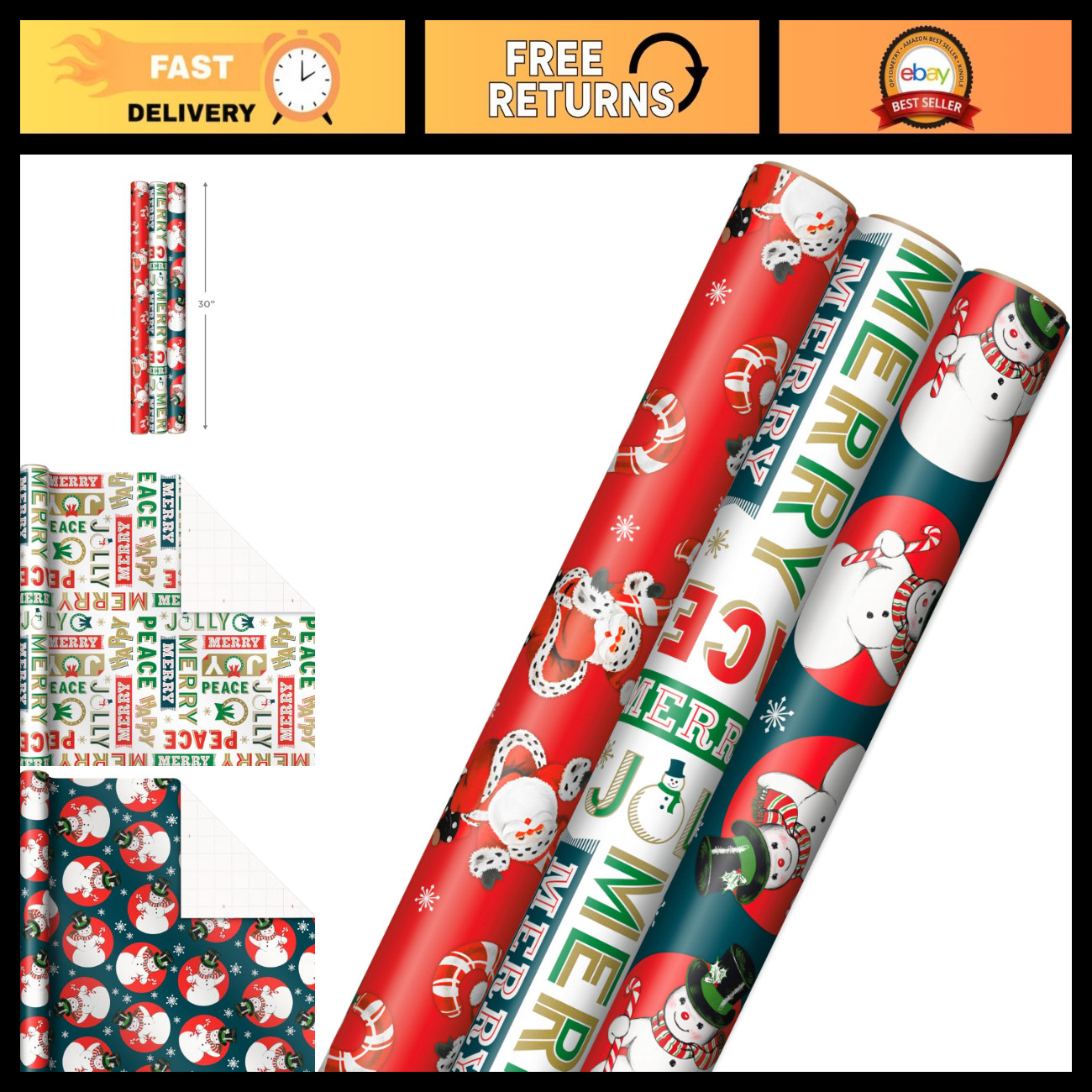 Vintage Christmas Wrapping Paper - 3 Rolls, 120 sq ft, Dancing Santas & Snowman