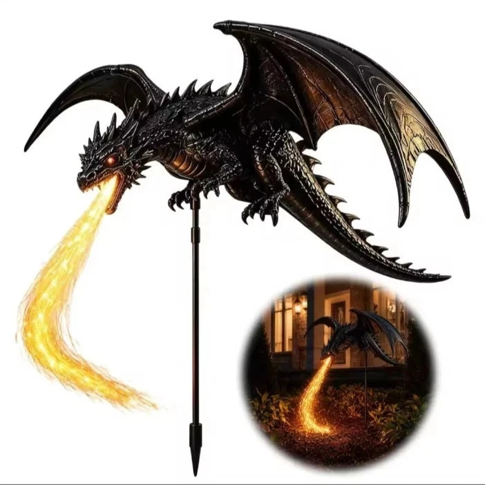Solar Dragon Fire Garden Light Resin Dragon Outdoor Yard Lawn Halloween Decor