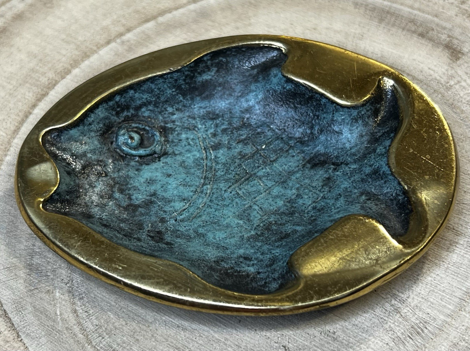 Vintage 1950s Nordia Israel Heavy Cast Brass Fish Dish MCM Verdigris EXCELLENT