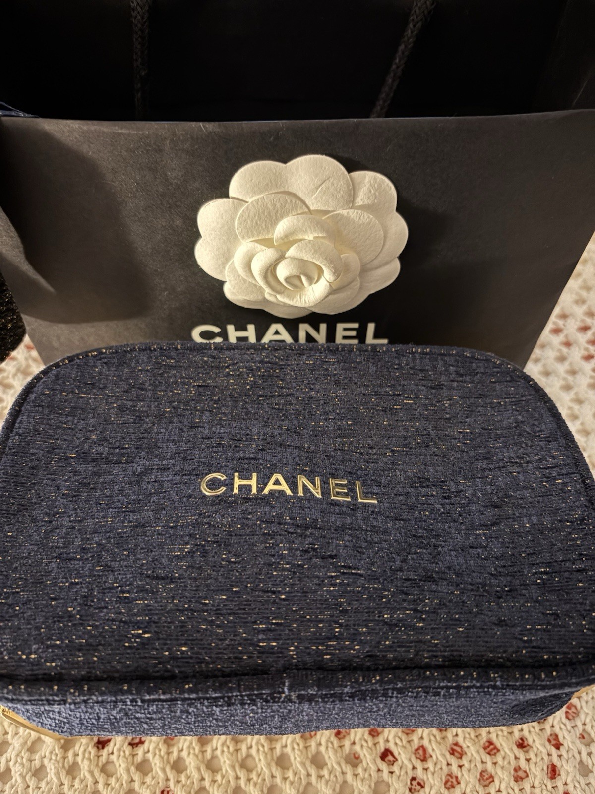 CHANEL Beaute Cosmetic Makeup Bag Case Pouch Tweed NAVY BLUE GOLD New Authentic