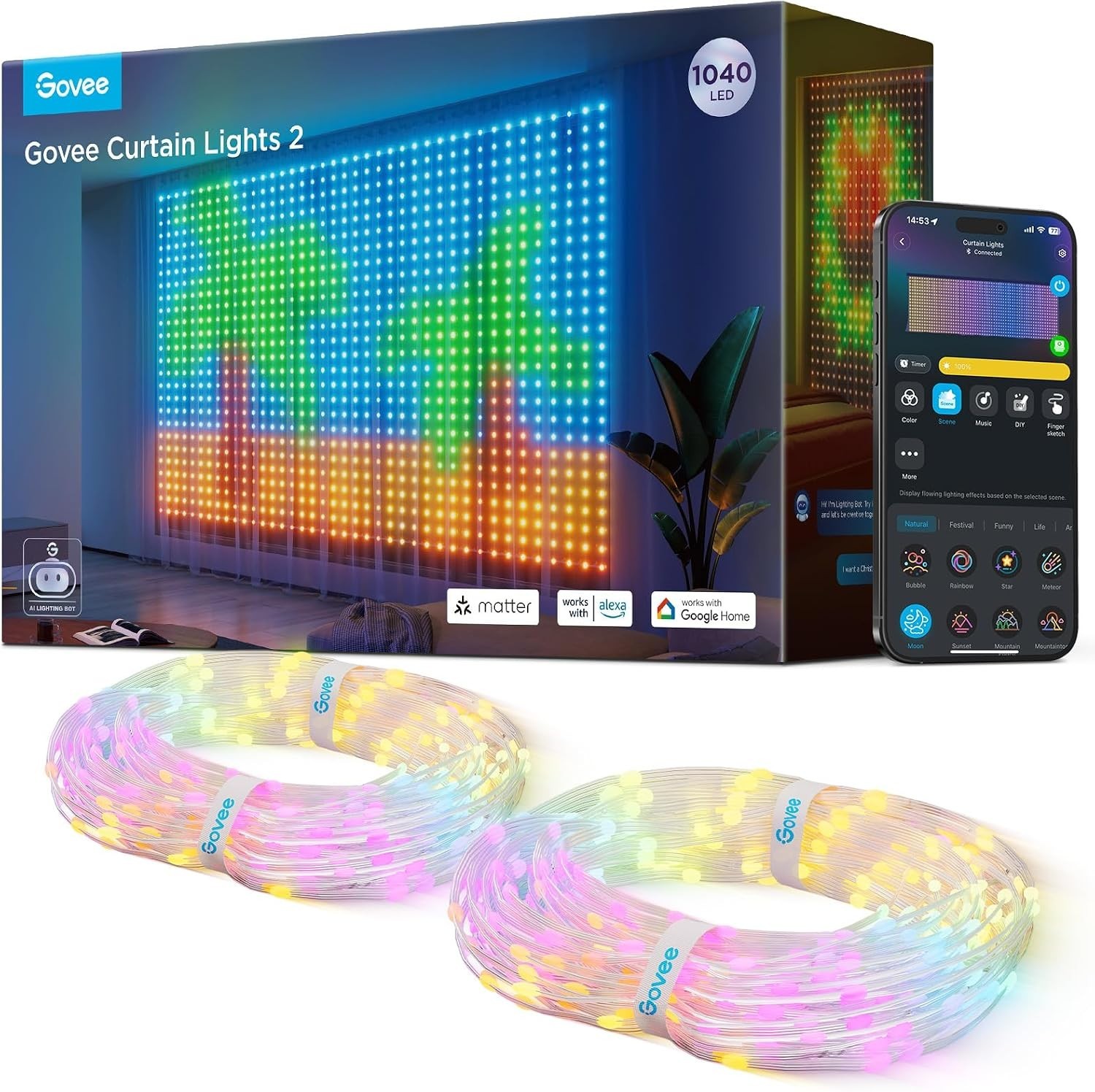 Govee Smart Curtain Lights 2, 1040 LEDs, 9.8×6.6ft for Indoor Decor