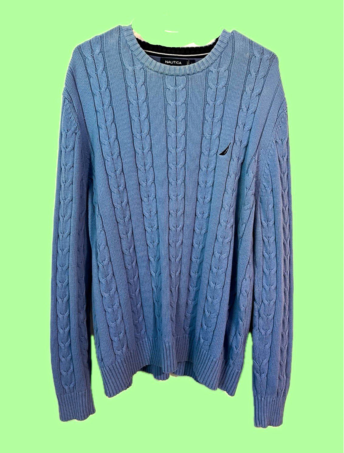 Nautica Men’s Blue Crew Neck Cable-Knit Pullover Sweater Cotton L