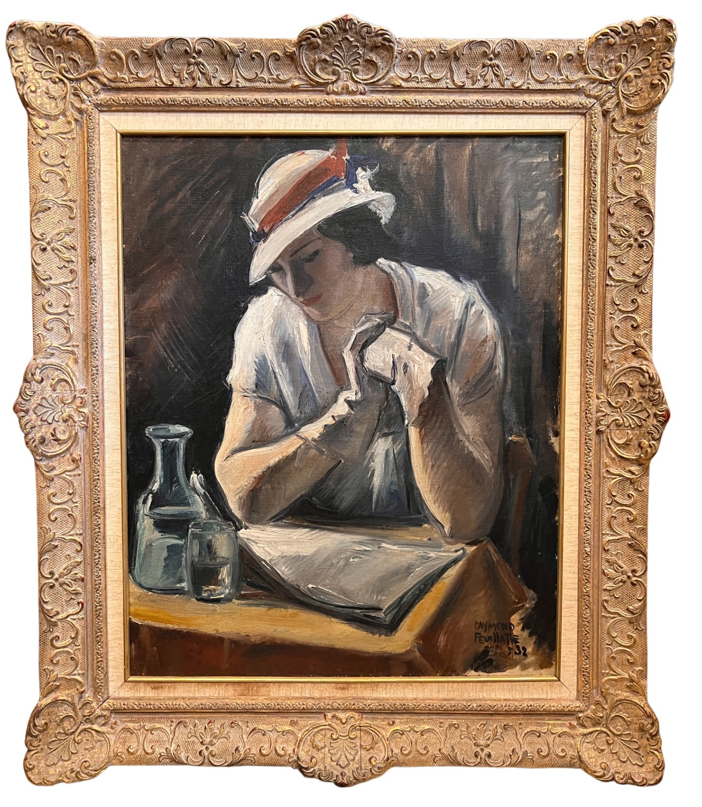 Raymond Feuillatte Signed 1932 Oil Painting Woman Reading French Portrait Framed