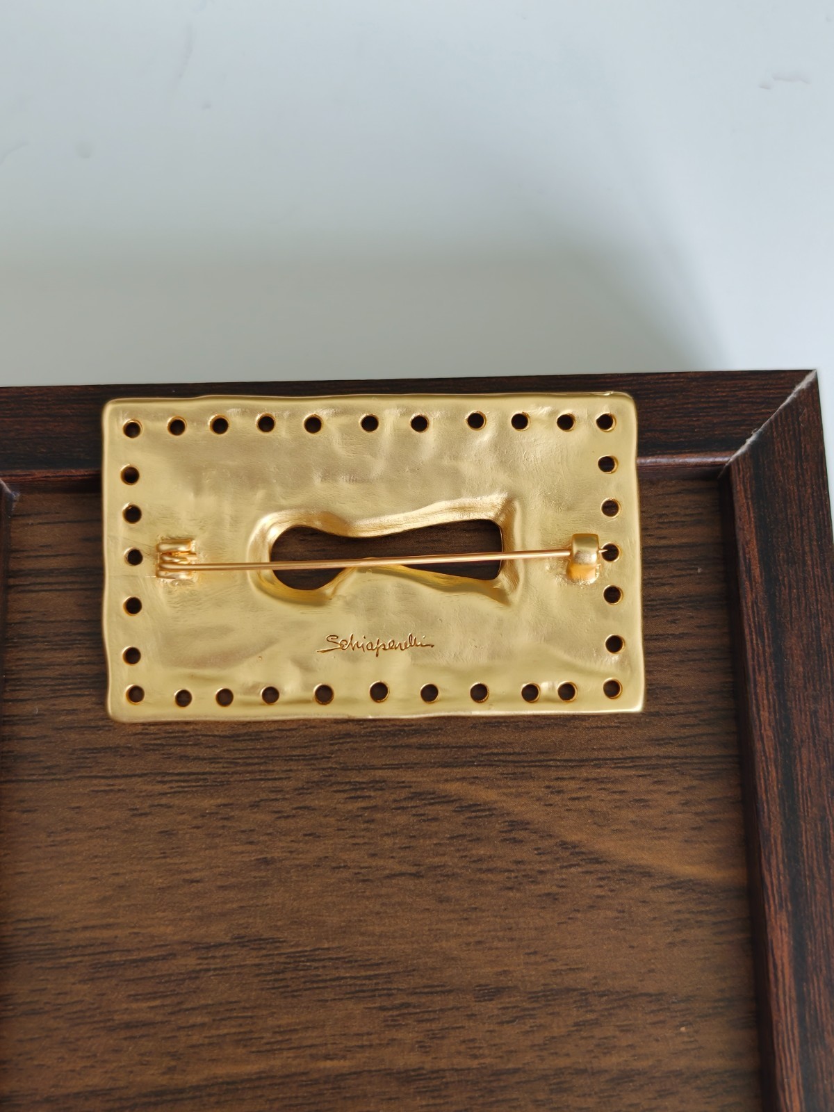 Schiaparelli Rectangle Face Brooch Matte Gold Hammered Keyhole Surreal Schiaparelli Rectangle Face Brooch Matte Gold Hammered Keyhole Surreal