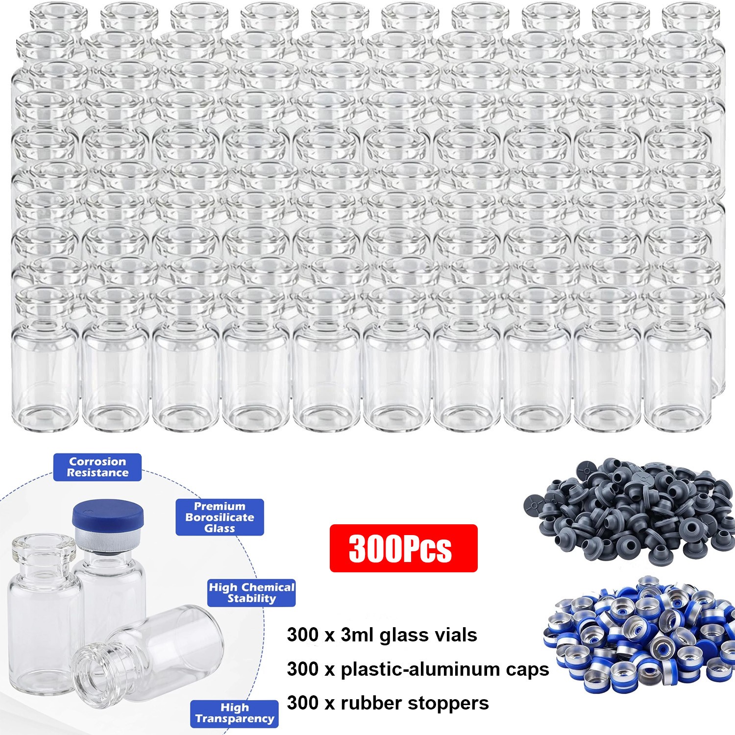 300PCS 3ml Glass Vials Clear Headspace Vials Lab Vial 13mm Crimp top Flat Bottom