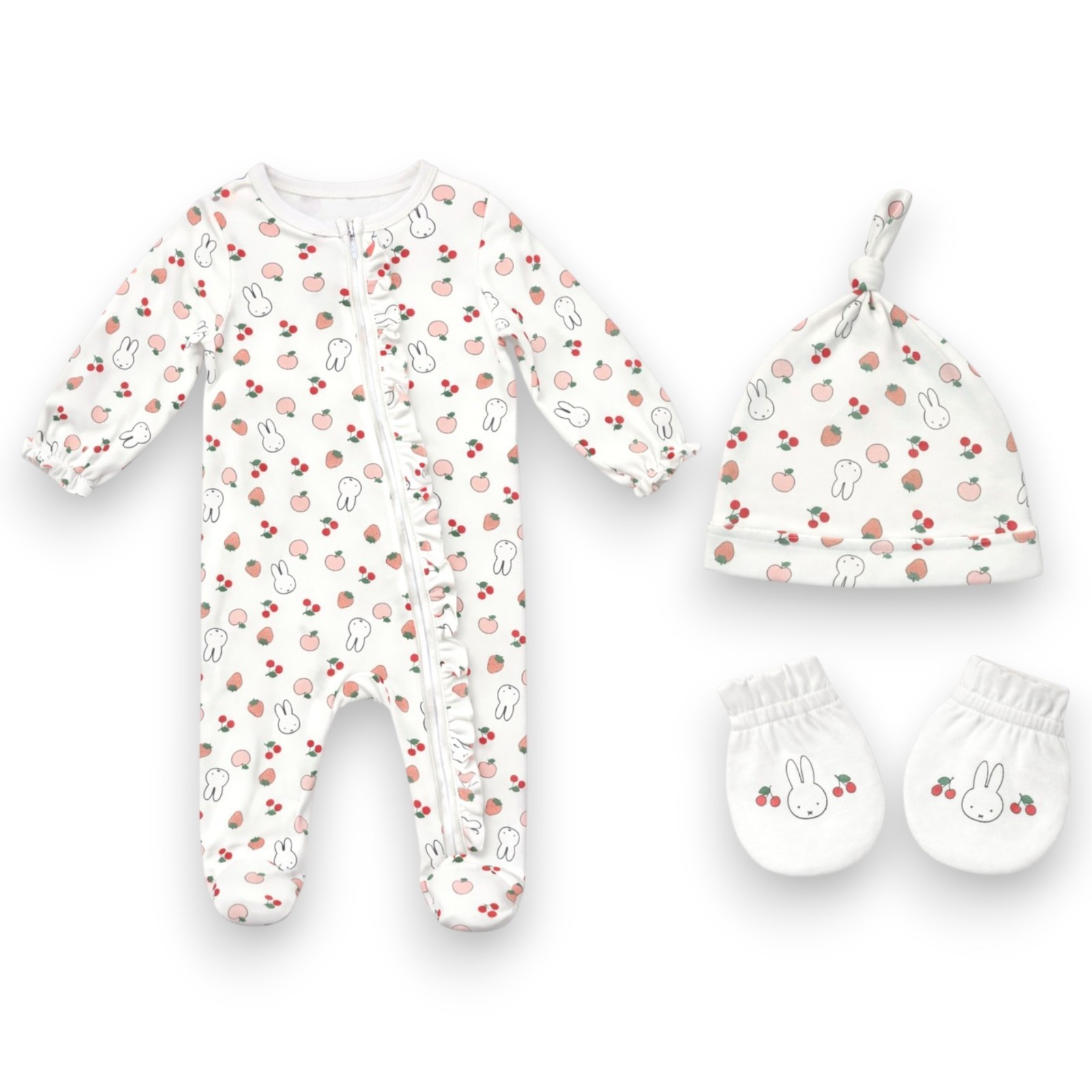 Miffy Baby Girls\' 3-Piece Footie Coverall  /Mittens & Hat Size NB 3M 6M 9M