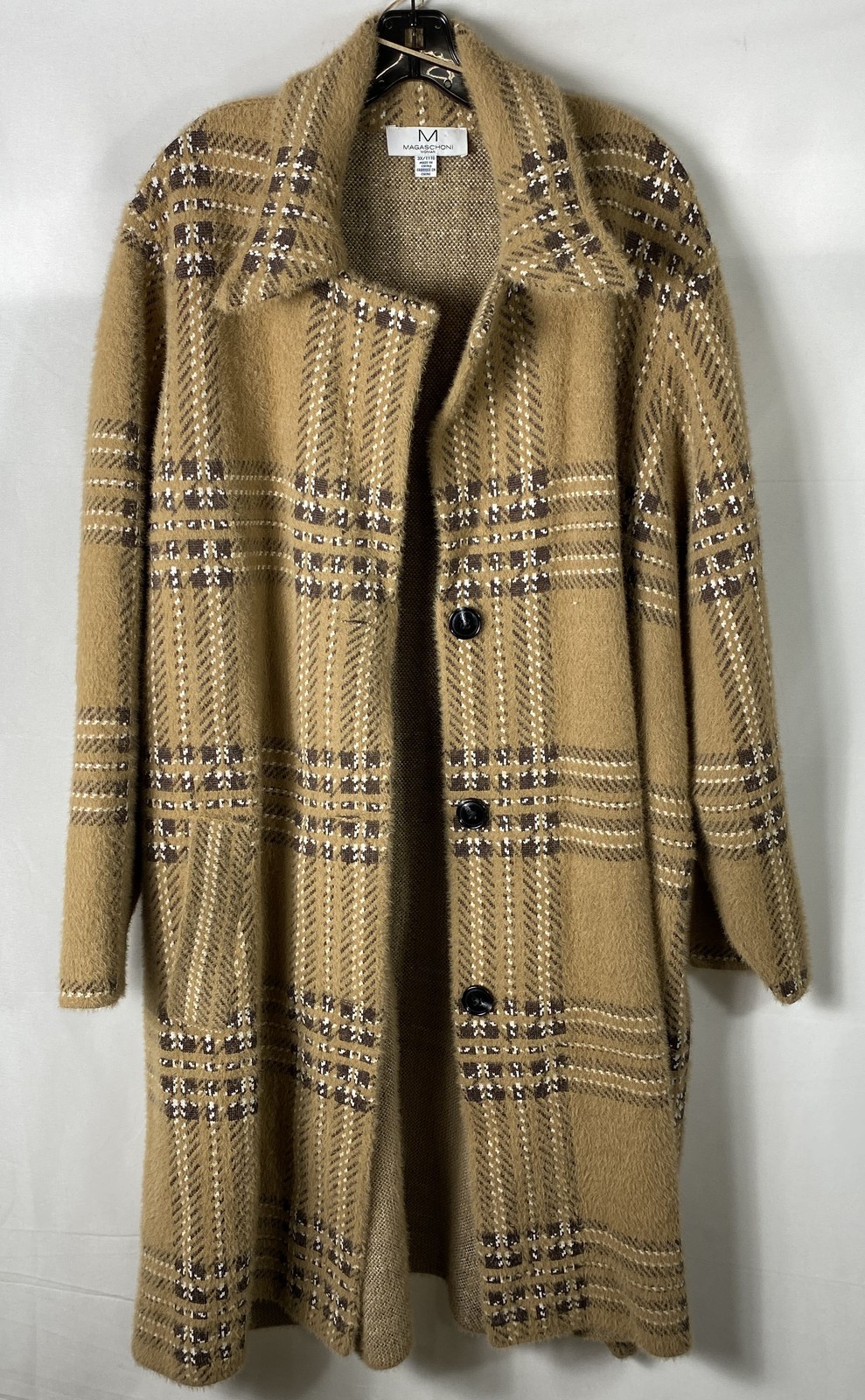 Magaschoni Women\'s Beige Plaid Fuzzy Knit Button Front Sweater Cardigan Coat 3X