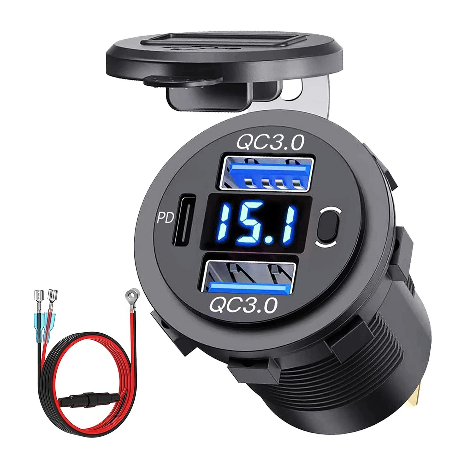 12V-24V PD+QC3.0 Dual USB Car Fast Charger Power Socket Outlet LED Voltmeter LOT