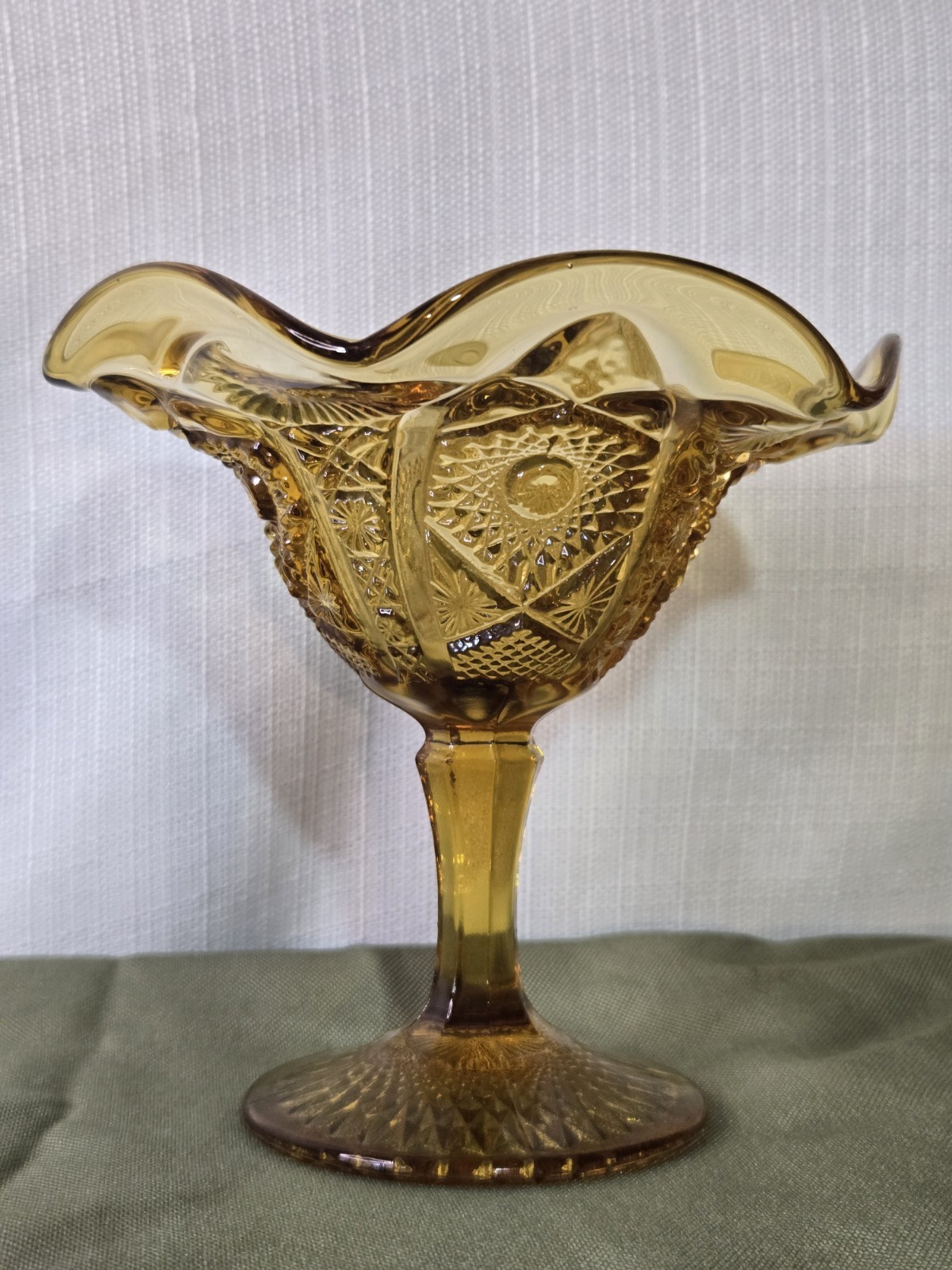 Vintage Daisy & Button Footed Amber Glass Compote Dish Candy Bowl Imperial Glass