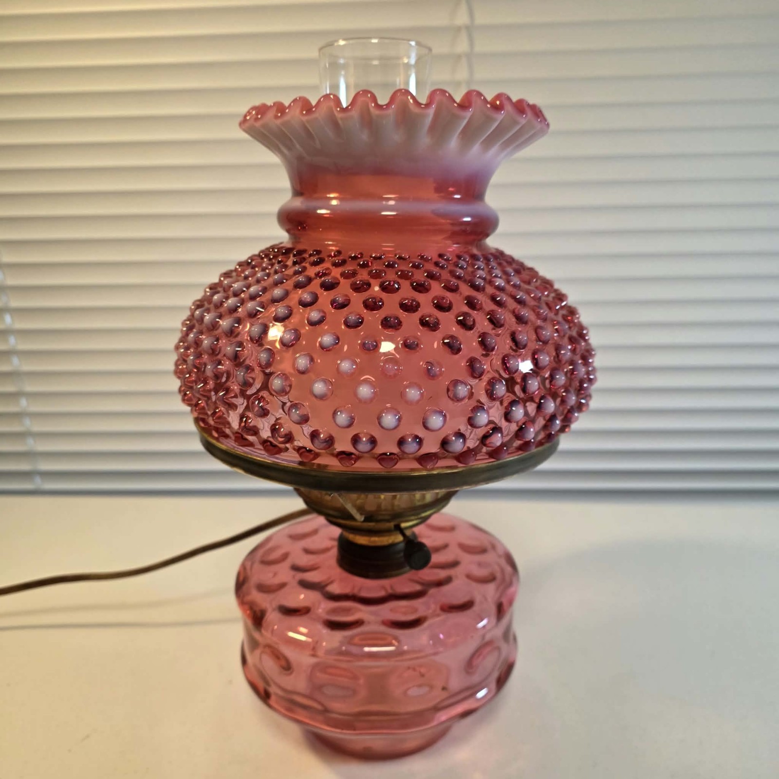 FENTON CRANBERRY OPALESCENT HOBNAIL LAMP ELECTRIC GLASS BASE