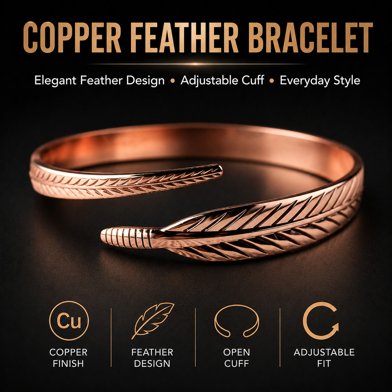 Vintage Copper Feather Cuff Bracelet Unisex Open Bangle Punk Jewelry Gift