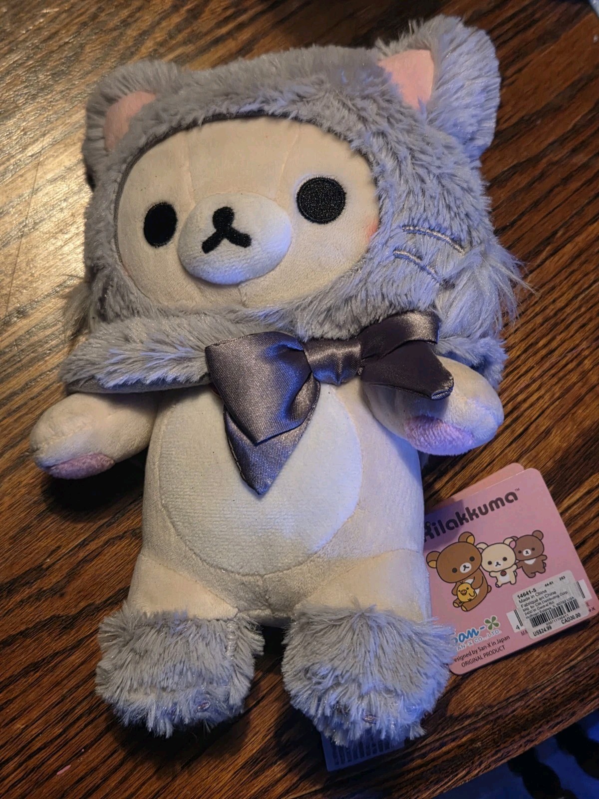 San-X Rilakkuma Korilakuma Plushie Dressed In Hooded Gray Cat Capelet NWT San-X Rilakkuma Korilakuma Plushie Dressed In Hooded Gray Cat Capelet NWT