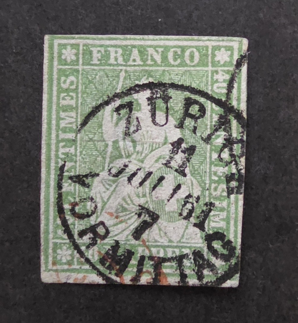 SWITZERLAND #19 Used - 1854 40r Yellow Green ($375) T18289