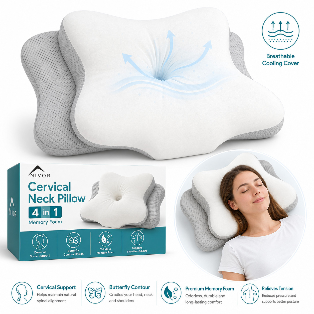 Cervical Neck Pillow Memory Foam Pain Relief Ergonomic NIVOR 4-in-1 New