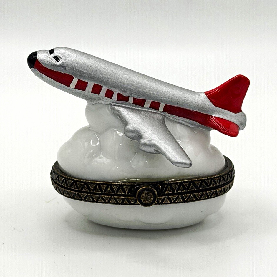 Midwest Porcelain Airplane Hinged Trinket Box White Silver Red