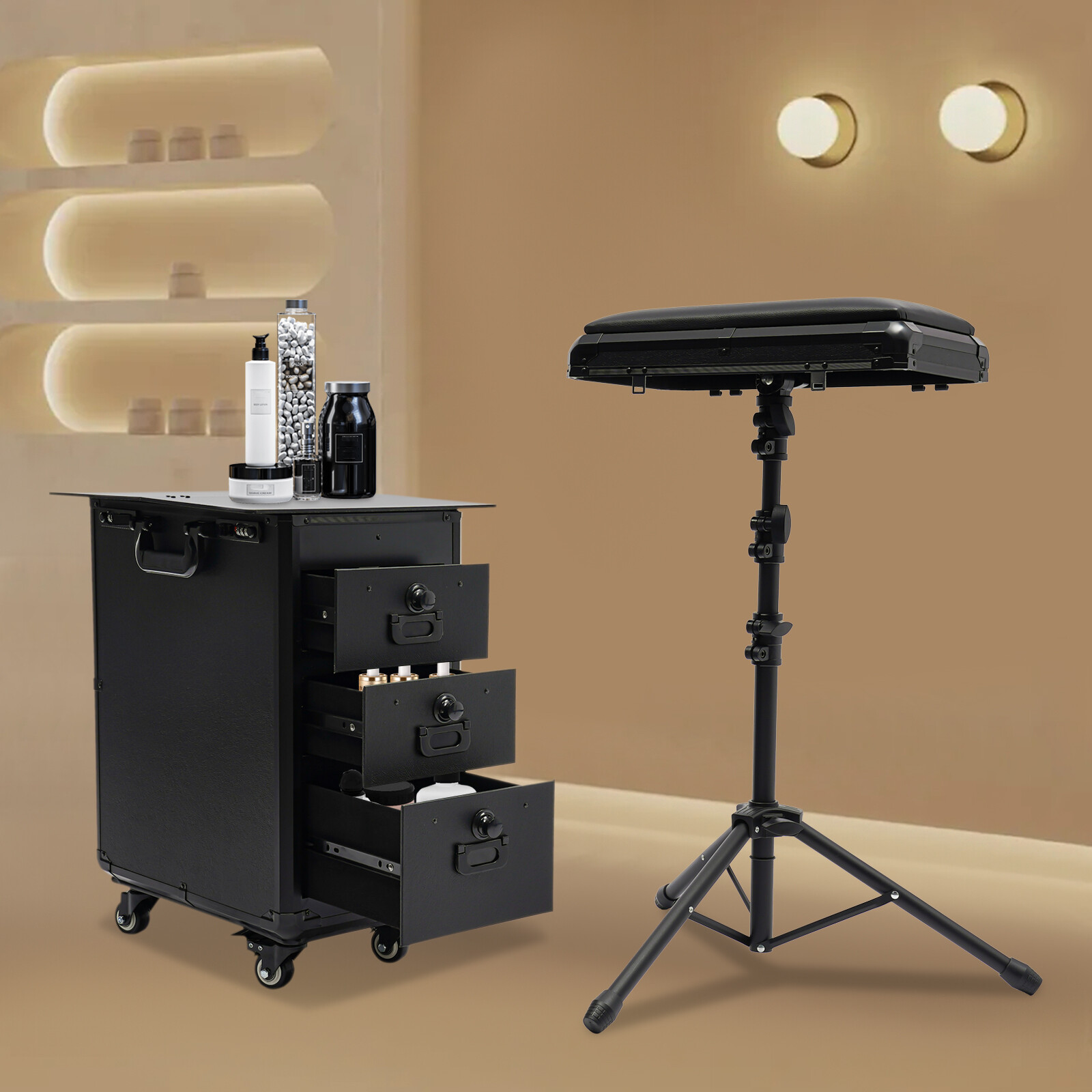3 In 1 Tattoo Travel Cases With Tattoo Armrest Stand Rolling Makeup Train Case