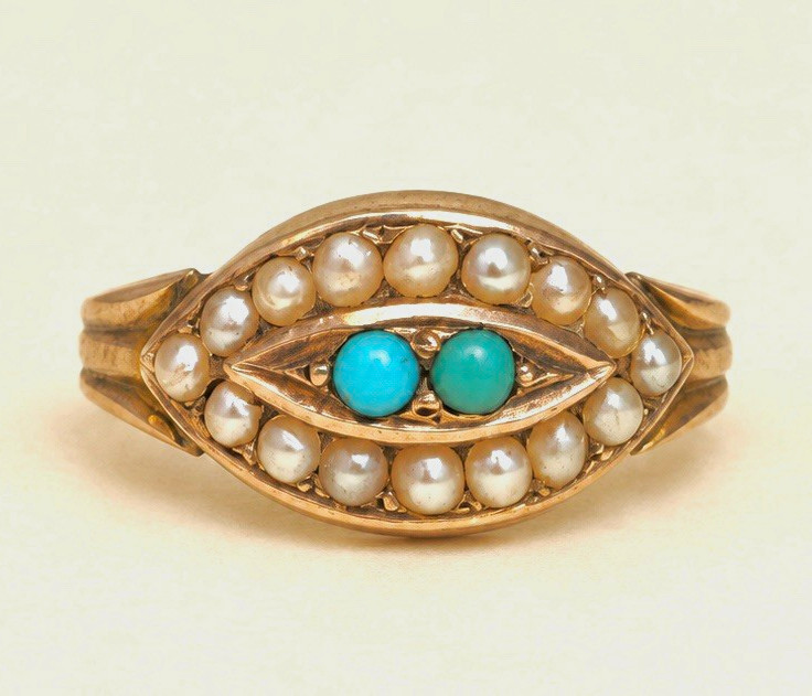 Antique Victorian 1876 Turquoise & Seed Pearl Ring | Antique 9ct Gold Ring 