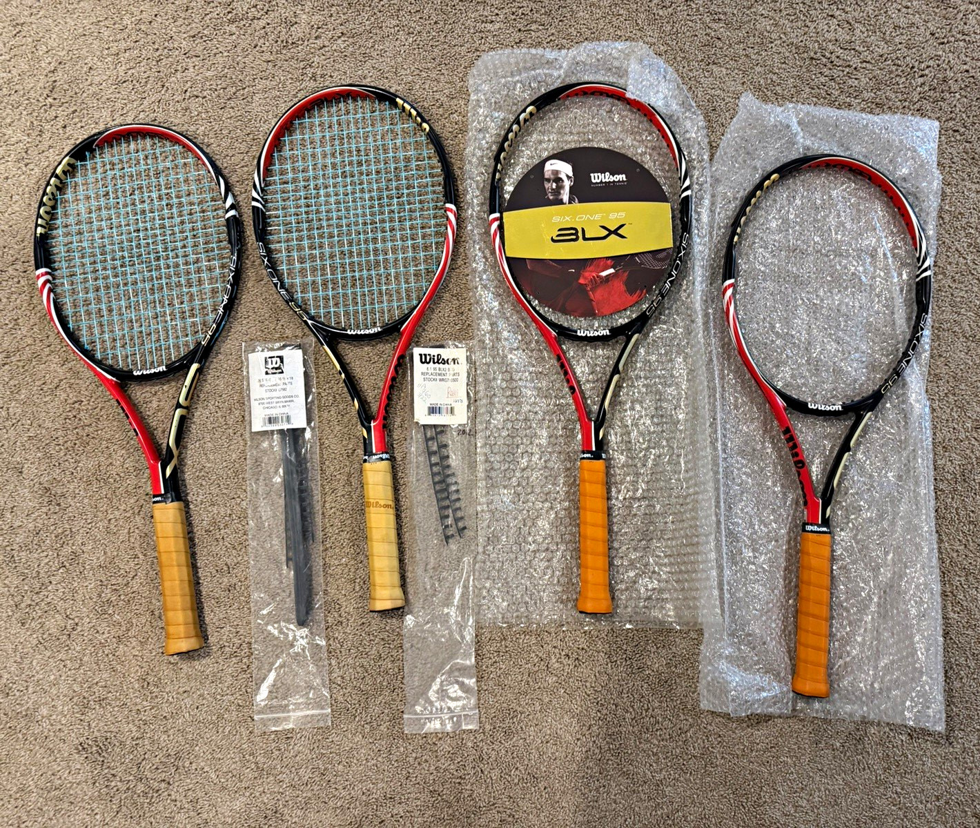 4 Wilson Six.One 95 BLX Tennis Racket 95 (16x18) in 4 1/4 (2 new + 2 used) 4 Wilson Six.One 95 BLX Tennis Racket 95 (16x18) in 4 1/4 (2 new + 2 used)