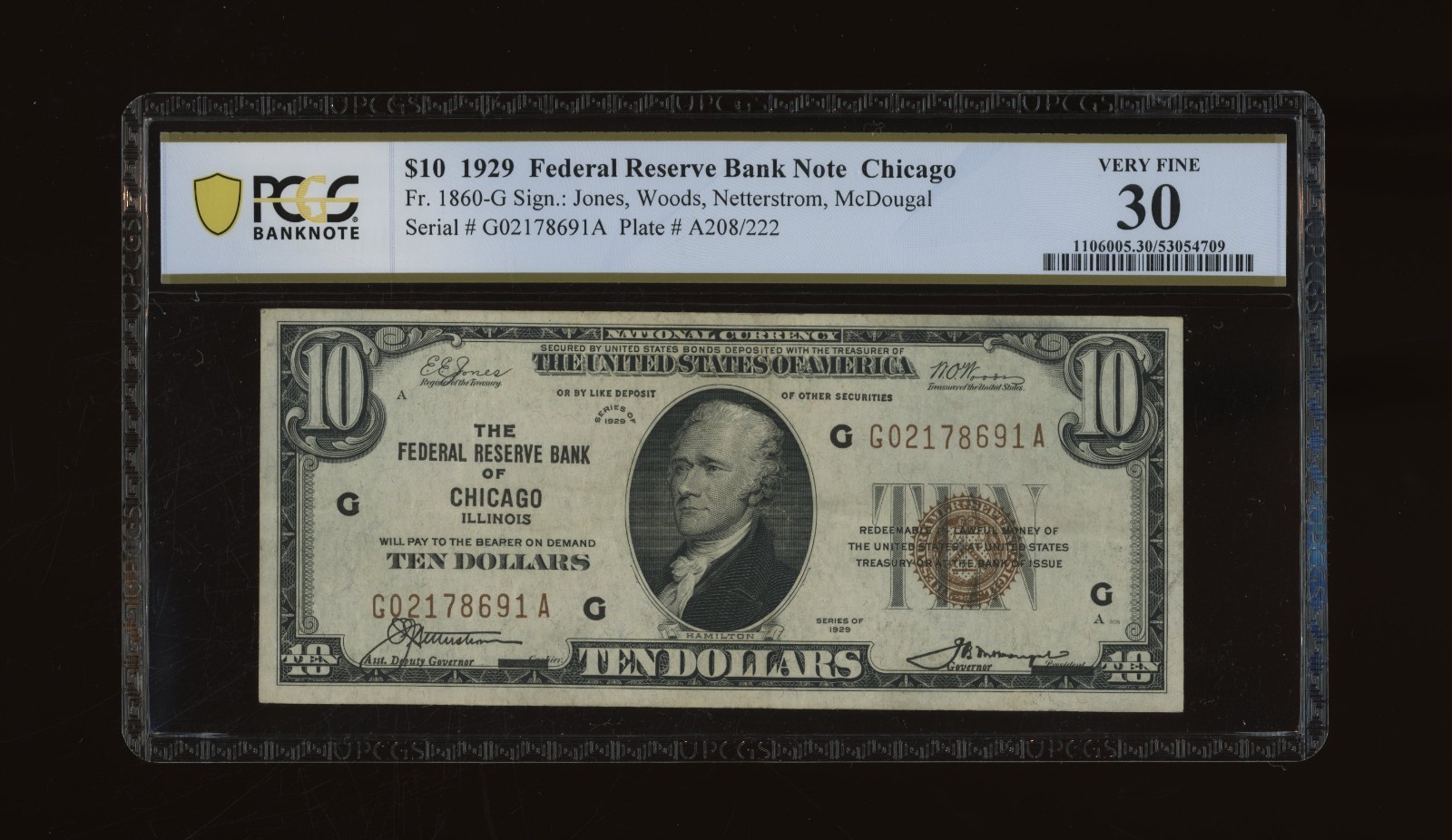 DBR 1929 $10 FRBN Chicago Fr. 1860-G PCGS-B 30 Serial G02178691A