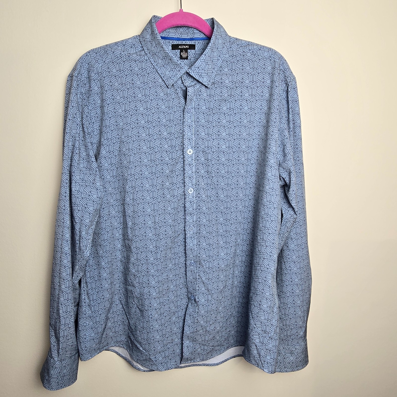 Alfani Mens Geometric Print Stretch Long Sleeve Button Up Shirt Size L NWT Blue