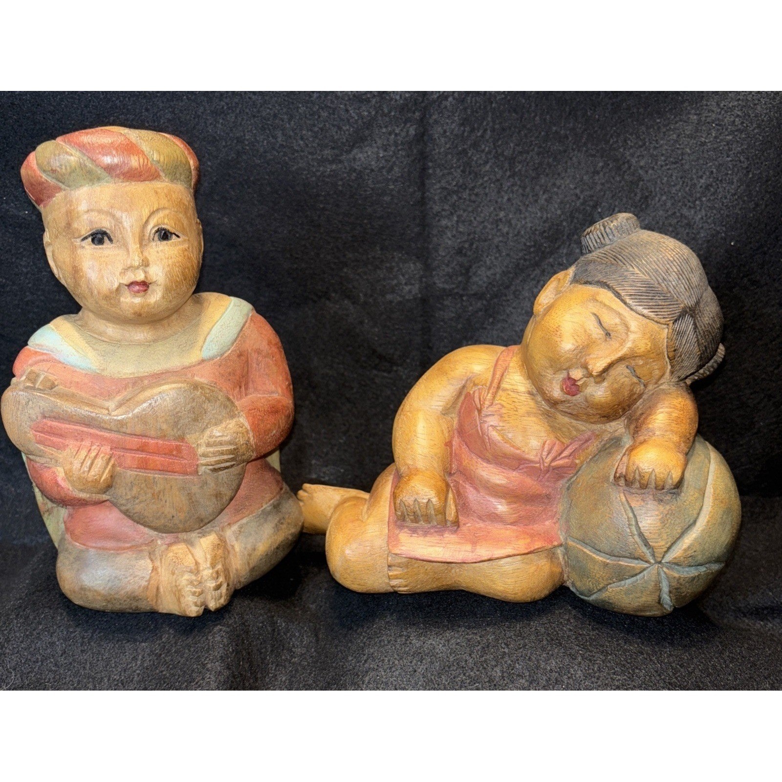 Vintage Asian Folk Art Hand Carved Wood Children Sculptures Handpainted LOT OF 2