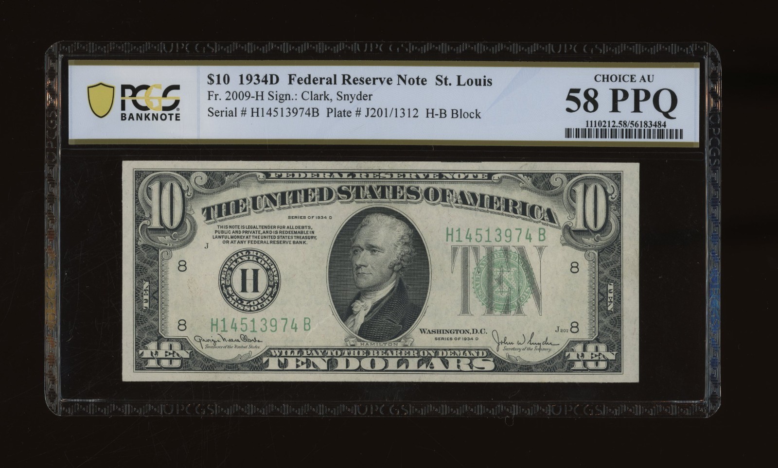 DBR 1934-D $10 St. Louis Fr. 2009-H PCGS-B 58 PPQ Serial H14513974B