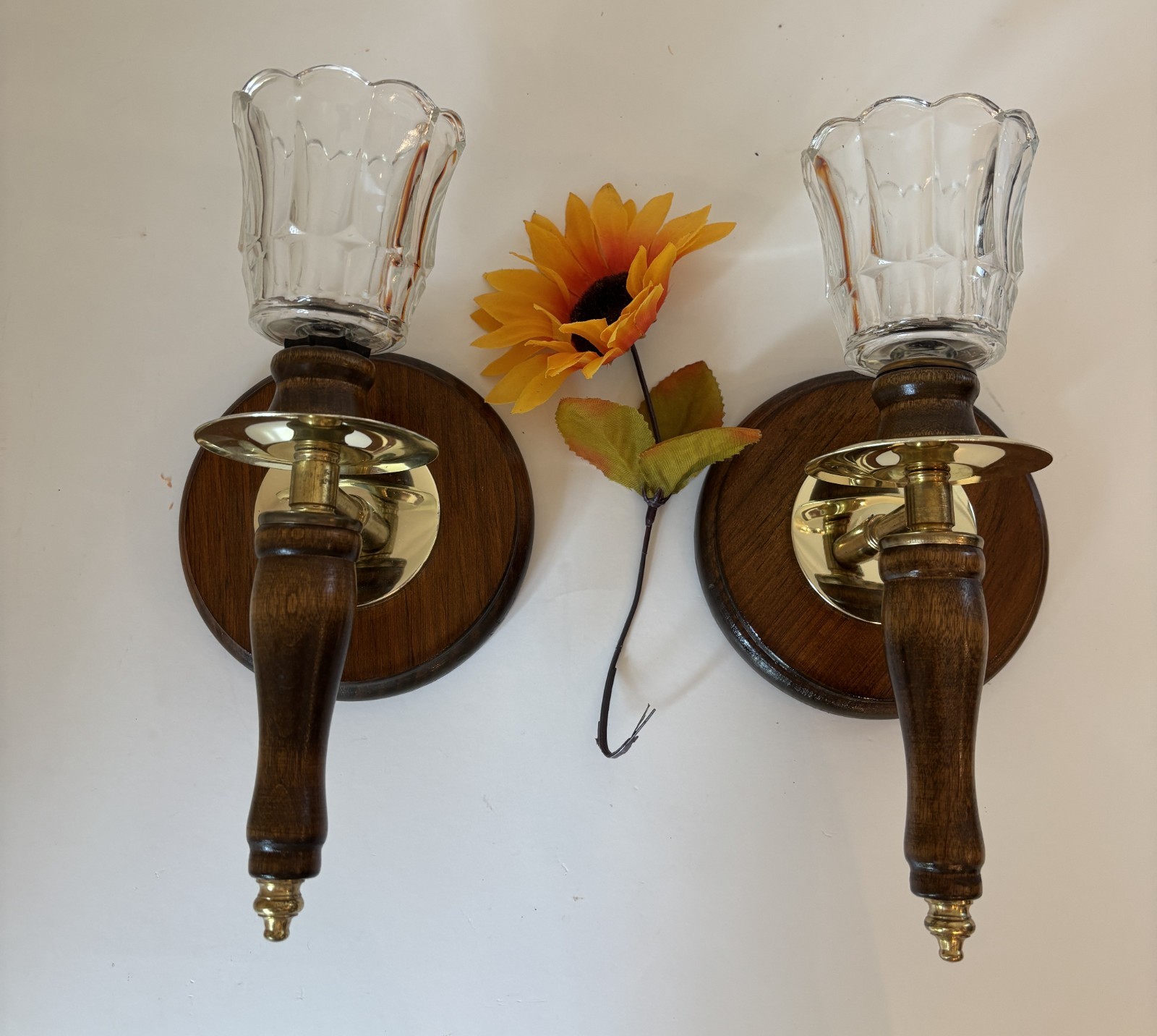 Pair Vintage 80s Homco Home Wall Sconce Brass Wood Glass Candle Holders Cottage