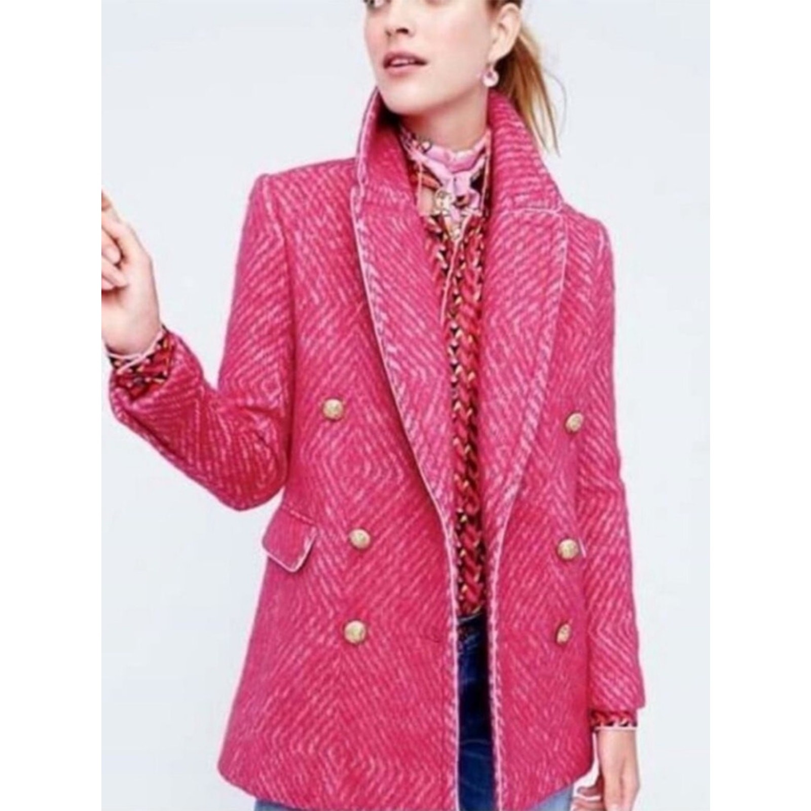 J. Crew Diamond Tweed Coat Sorbet Pink Ivory Gold Buttons Wool Blend Sz 4