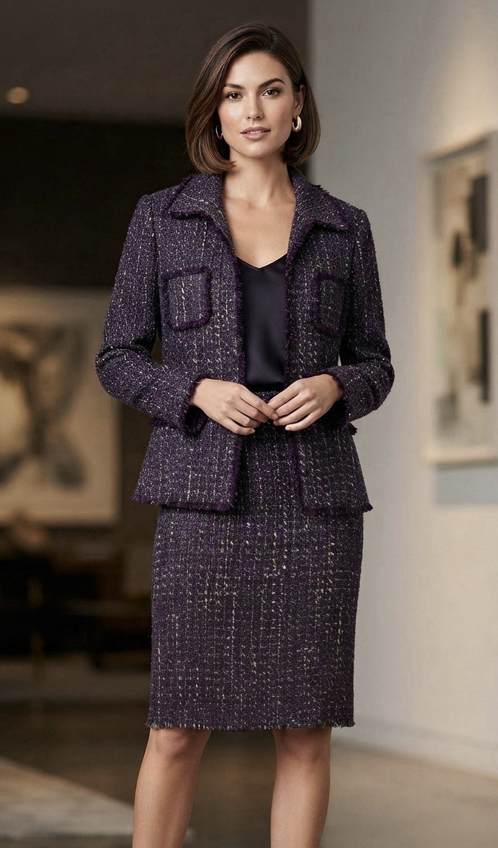 WORTH Women\'s 14 Purple Tweed Fringe Wool Silk Pencil Skirt Jacket Suit