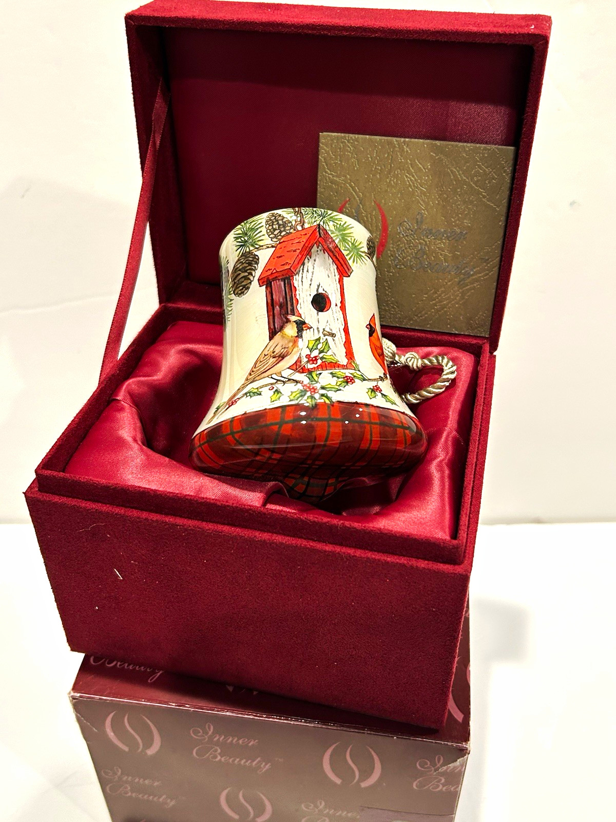 Inner Beauty Cardinal Bell Christmas Ornament Home Tweet Hnd Painted Blown Glass