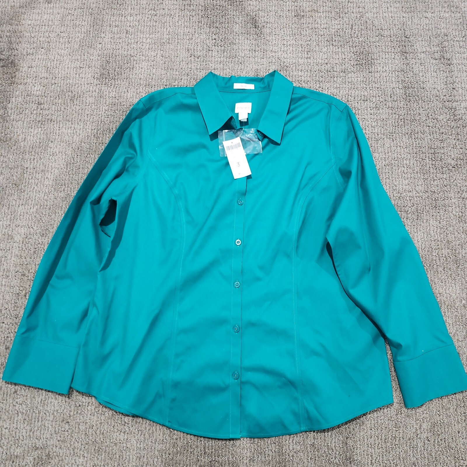 Chico\'s Effortless Cotton Shaye Long Sleeve Shirt Large Teal Size 3 NWT