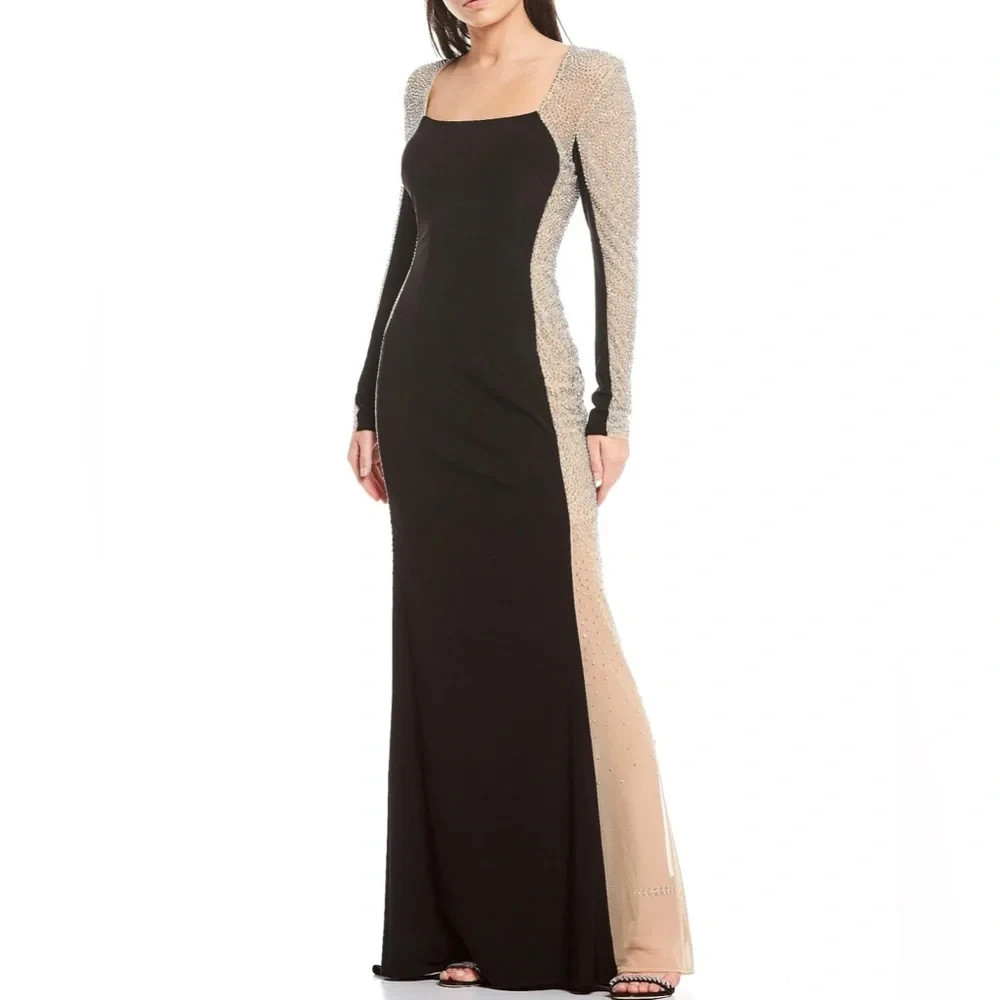 Xscape Black Nude Silver Crystal Beaded Long Sleeve Gown Size 8 $298