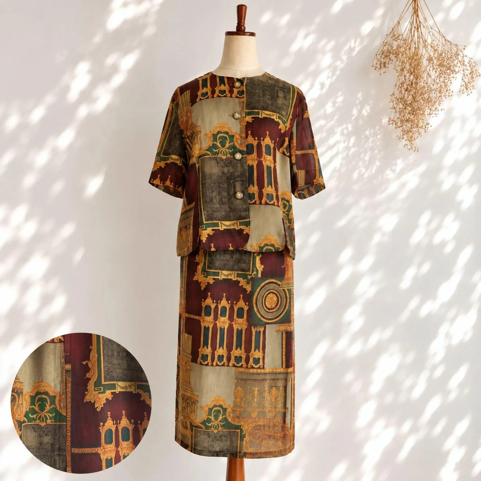 VTG 80s Japan 2 Pc Set Brown Green Architectural Novelty Print Blouse Skirt