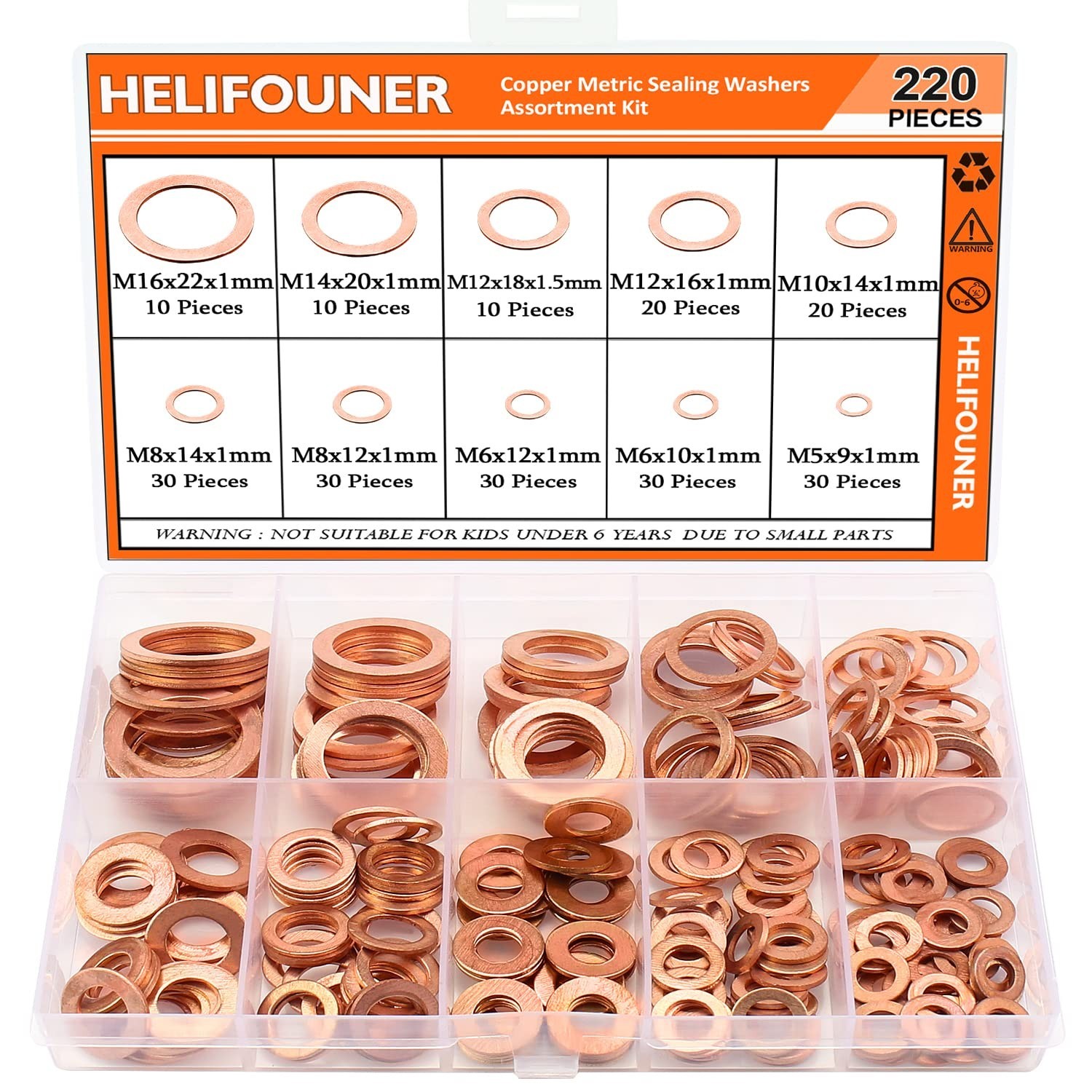 Juego Surtido 220 Arandelas de Cobre Métricas M5-M16 Para Tapón Aceite Plomeria
