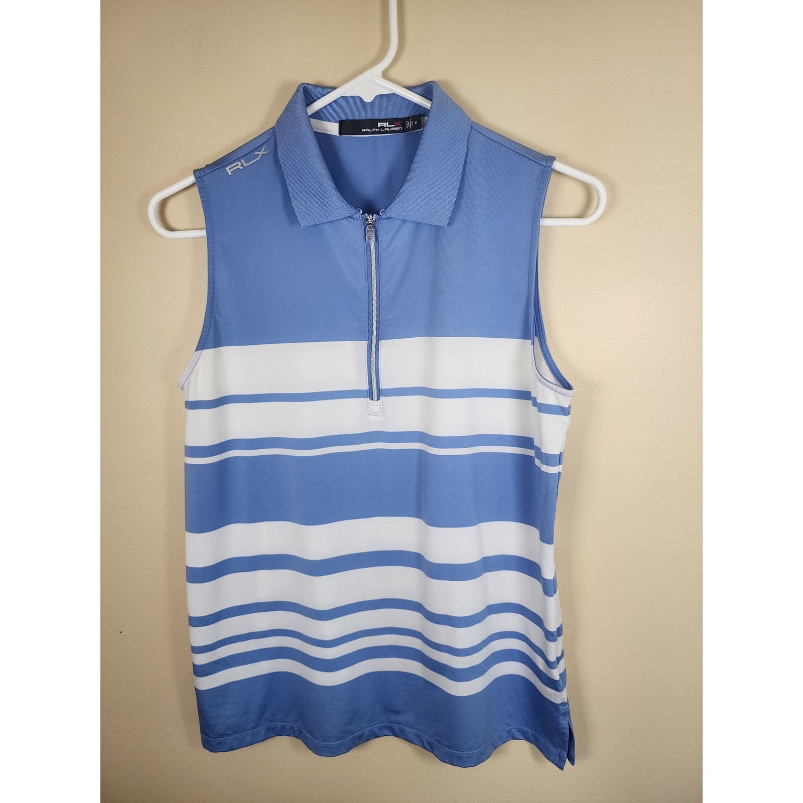 RLX Ralph Lauren Women\'s Blue White Stripe Sleeveless Golf Polo Tank Zip Sz M