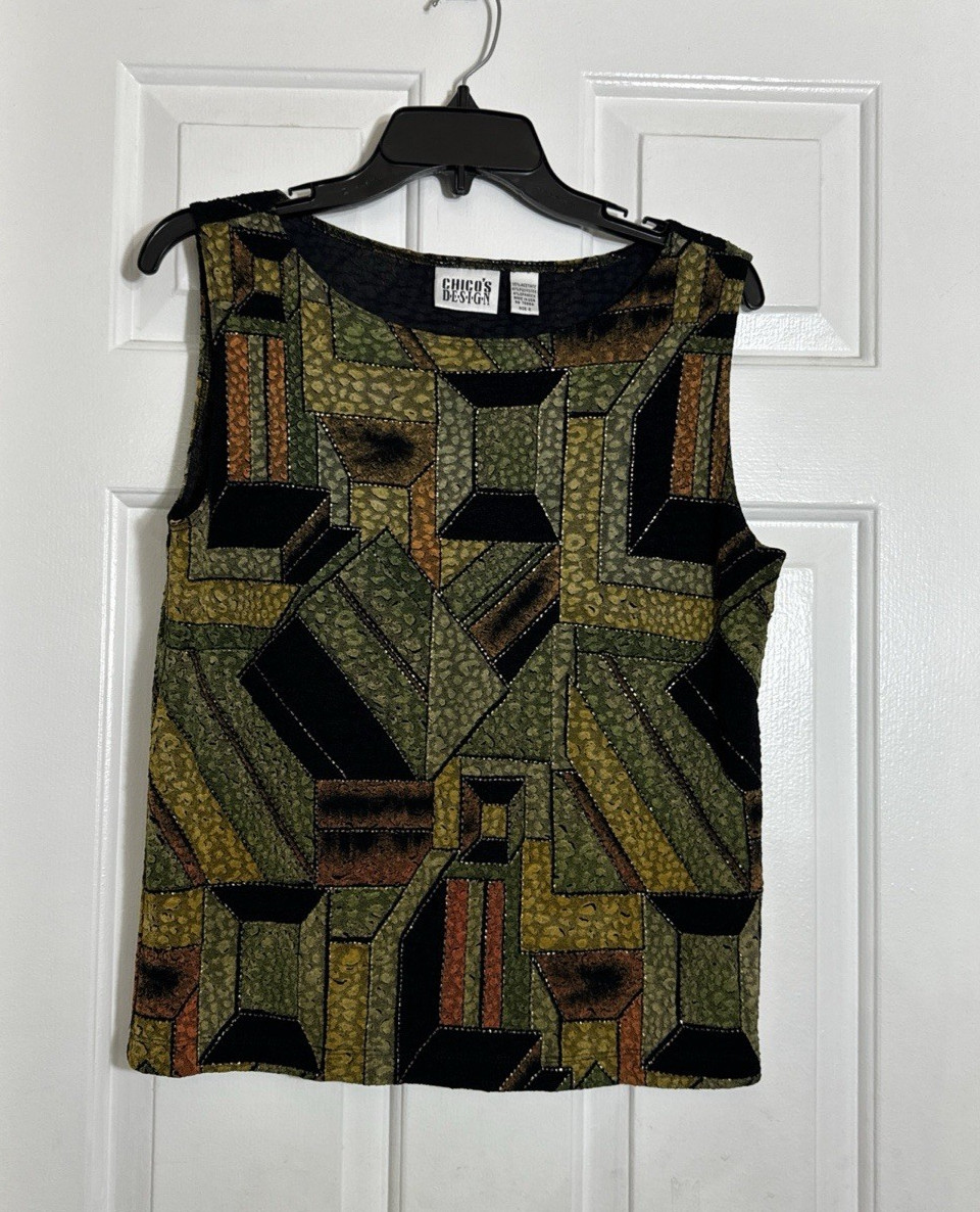 VTG Chico’s Design Embellished Geo Autumn Art to Wear Sleeveless Top boho Lux 2 VTG Chico’s Design Embellished Geo Autumn Art to Wear Sleeveless Top boho Lux 2