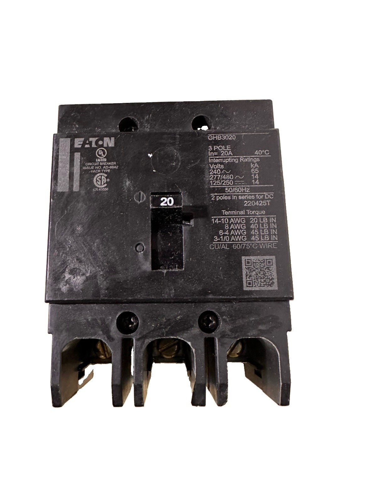 Eaton GHB3020 Circuit Breaker, 20A, 3P, 277/480 VAC, 125/250 VDC, GHB, 14 kAIC