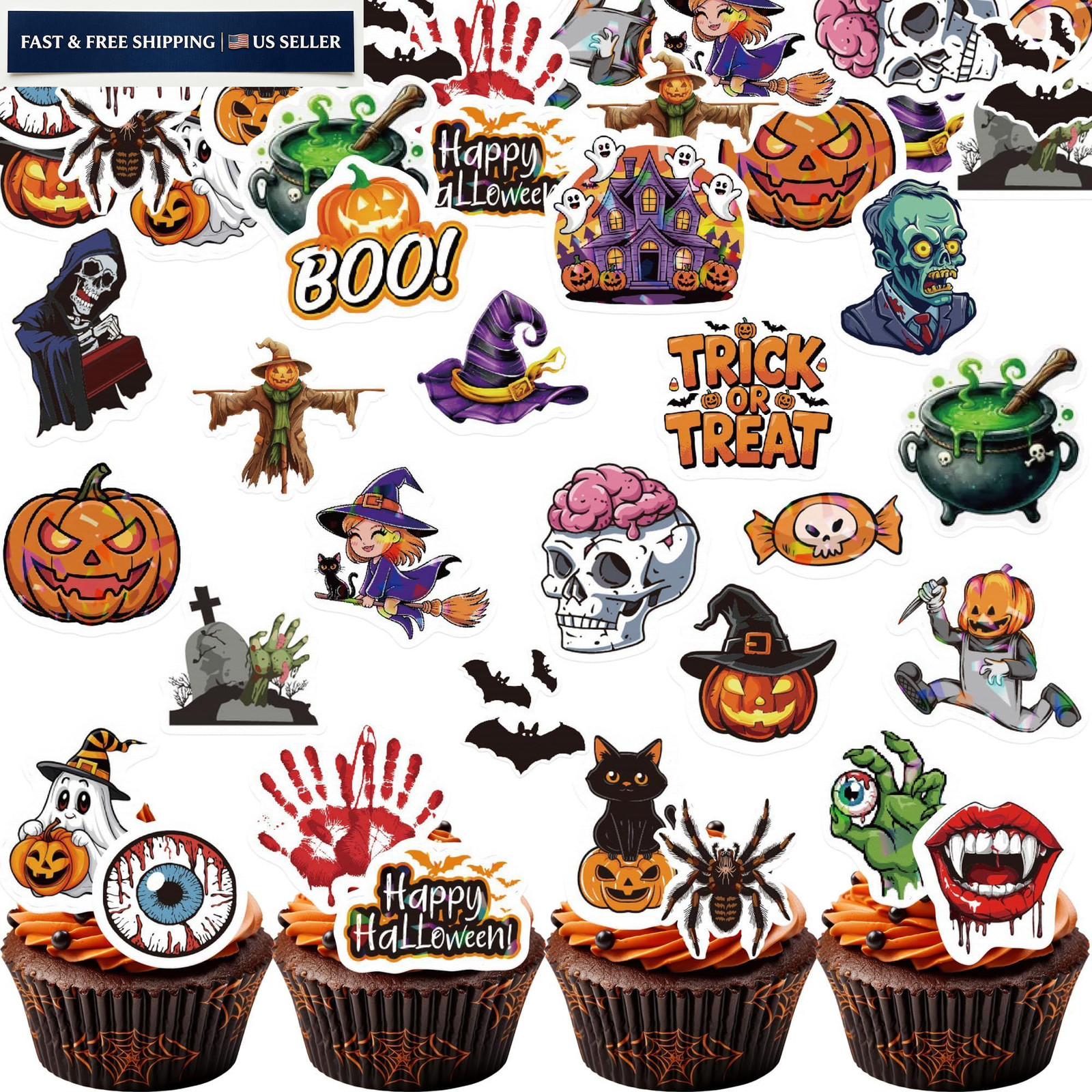 Fyeoxle 72PCS Edible Halloween Cupcake Toppers Wafer 1.77 inches, A-multi 1