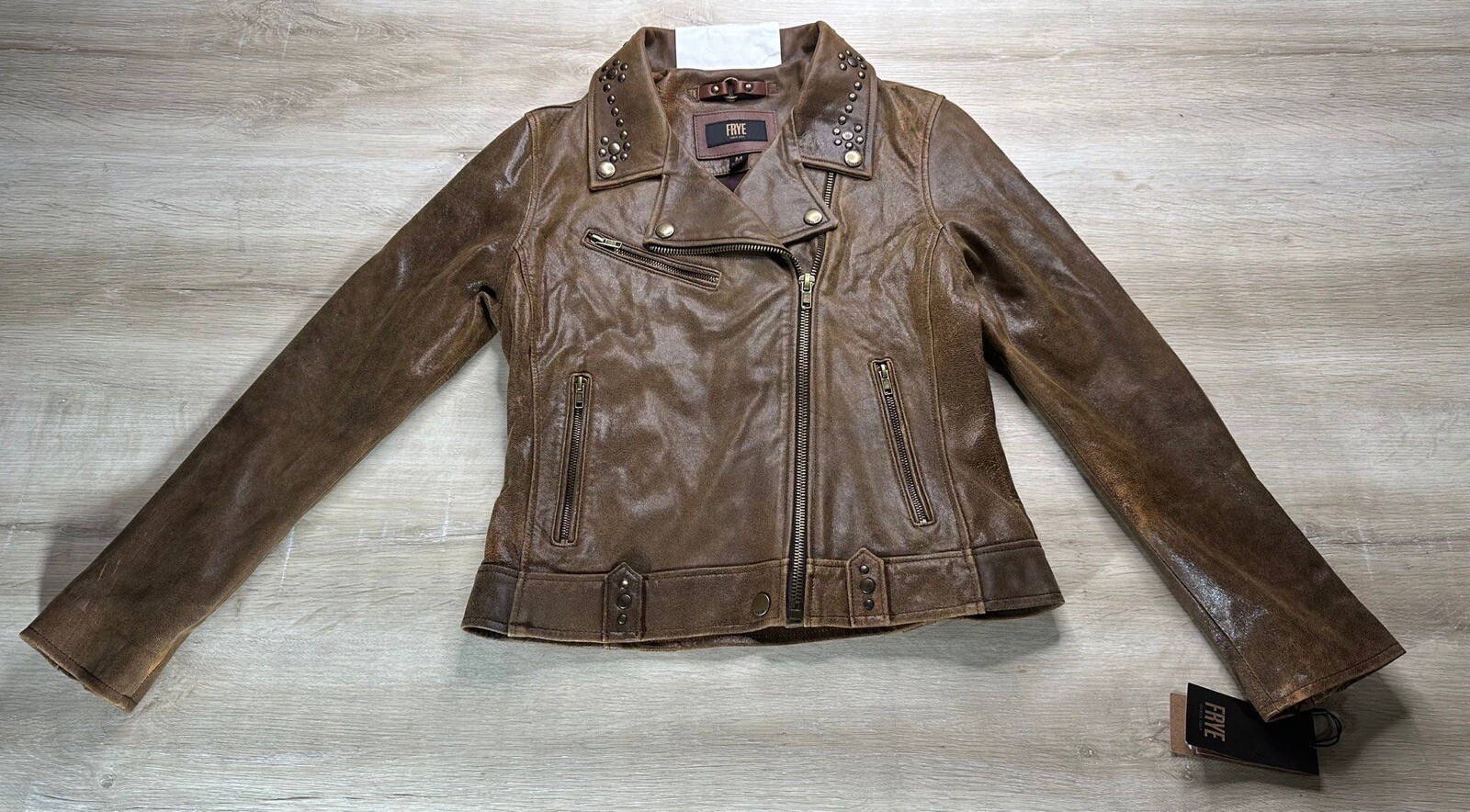 NWT Frye Womens Jacket Brown Medium Studded Crackle Lamb skin Leather Crop Moto