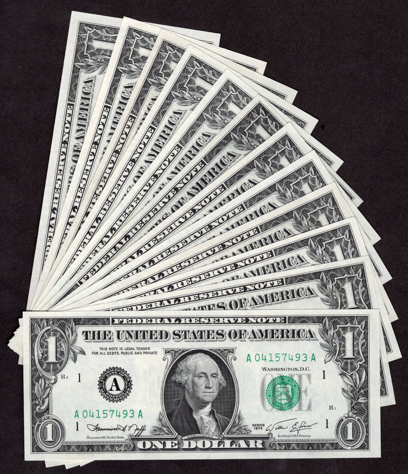 1974 $1 Complete District Set. 12 Crisp & Uncirculated Banknotes. A to L